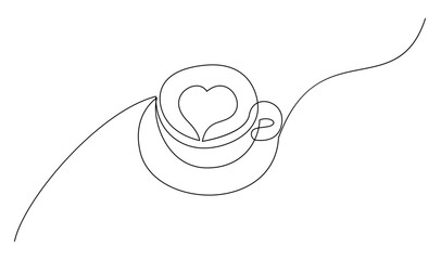 Cup continuous line art. Coffee or tea cup one line drawing. Hot drink with steam