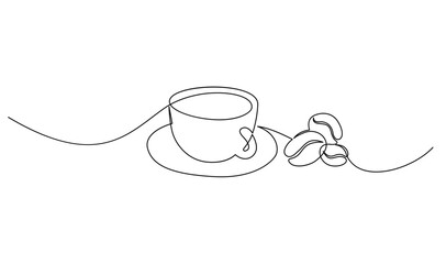 Cup continuous line art. Coffee or tea cup one line drawing. Hot drink with steam