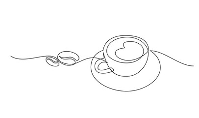Cup continuous line art. Coffee or tea cup one line drawing. Hot drink with steam