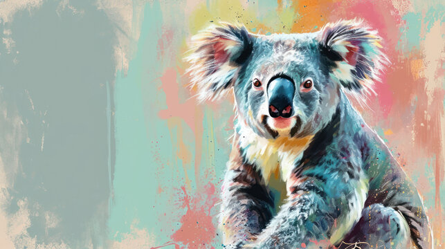  a digital painting of a koala bear on a multicolored background with a grungy paint effect.