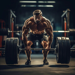 Muscular bodybuilder guy doing exercises with dumbbells in gym - obrazy, fototapety, plakaty