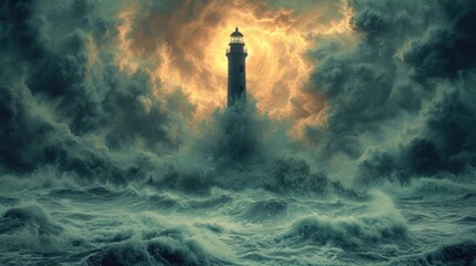 Fototapeta premium a lighthouse in the middle of a large body of water with a sky full of clouds and sun behind it.