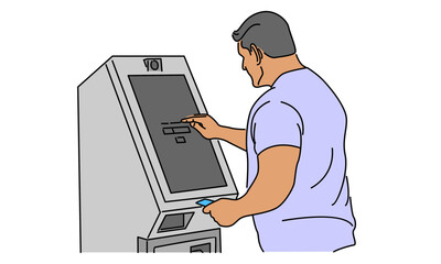 line art color of man taking money from the ATM vector illustration
