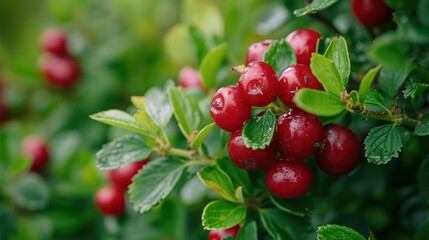  a close up of berries on a bush with water droplets on the leaves and the berries are ripe and ready to be picked.