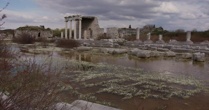 Flooded ancient ruins of the Ionic Stoa in the Hellenistic Gymnasium in Miletus.