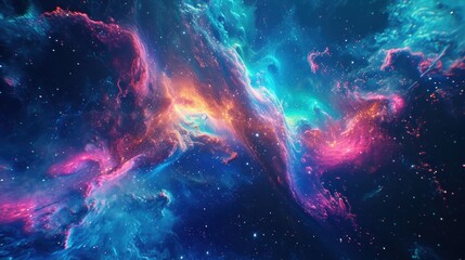  an image of a space scene with stars and a blue and pink cloud with a red and blue star in the center. - obrazy, fototapety, plakaty