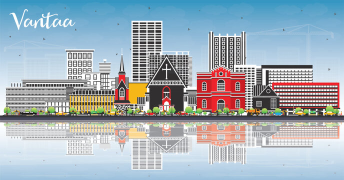 Vantaa Finland city skyline with color buildings, blue sky and reflections. Vantaa cityscape with landmarks. Business and tourism concept with modern and historic architecture.