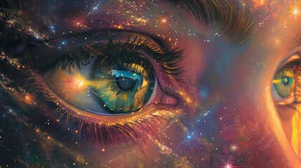 The eyes gleam with the brilliance of stars, the serenity of the moon, reflecting the cosmic wonders within the vastness of the universe.