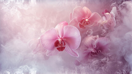  a group of pink flowers sitting on top of a pile of smoke in front of a blue and pink background.