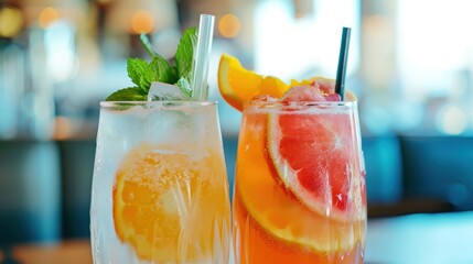  a close up of two glasses of watermelon and a grapefruit with a mint garnish.