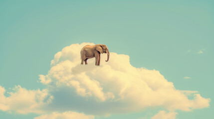 an elephant standing on top of a cloud in the middle of a blue sky with a cloud in the foreground.