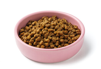 Bowl with dry pet food isolated on white background