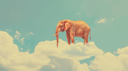  an elephant standing on top of a cloud in the sky with its trunk sticking out of it's mouth.