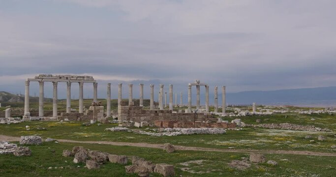A row of ancient pillars in a field in Laodicea.