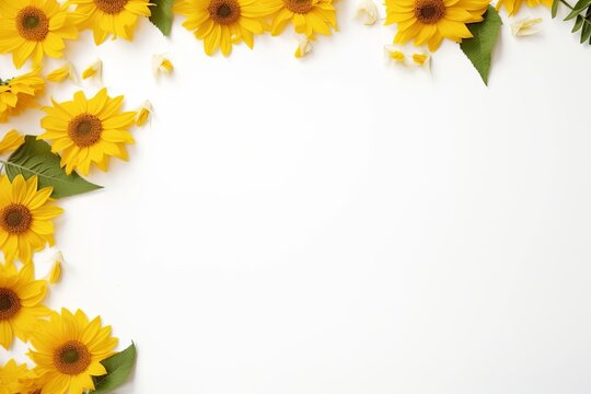 Frame composition sunflowers on white border background. presentation. advertisement. template for artwork. copy text space.