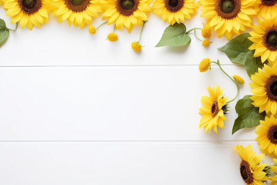 Frame composition sunflowers on white border background. presentation. advertisement. template for artwork. copy text space.