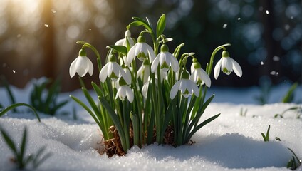 In the morning, the first snowdrops in the snow in the woods