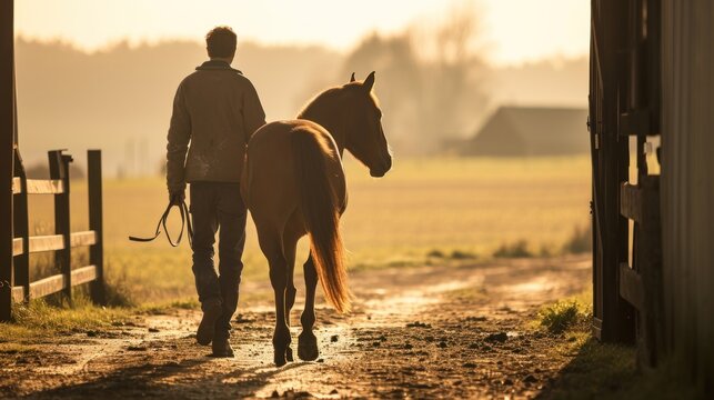  a man walking a horse down a dirt road in front of a fenced in area with a barn in the background.