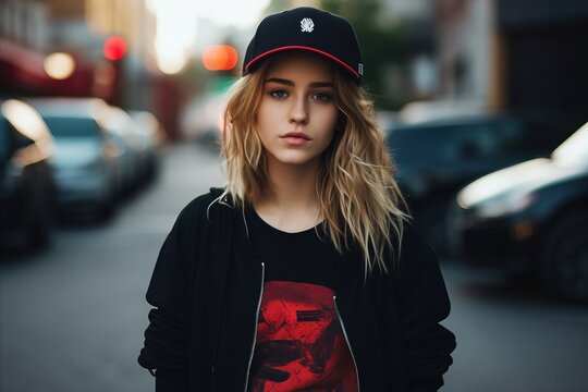 young beautiful hipster woman in black cap posing in the city streets