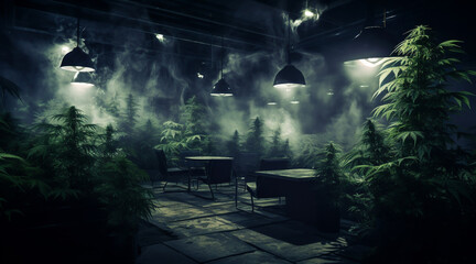 Relaxation in the cannabis herb garden To relax in a dim and quiet atmosphere. - obrazy, fototapety, plakaty