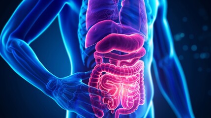 digestive system. The digestive system breaks down food into simple nutrients such as carbohydrates, fats and proteins - obrazy, fototapety, plakaty