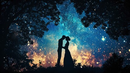 Obraz premium Silhouette of a Couple Under a Celestial Canopy, Capturing the Timeless Beauty and Warmth of Love