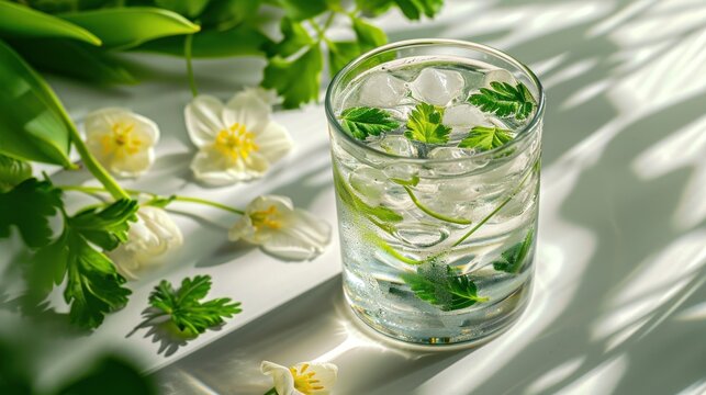  a glass filled with water sitting on top of a table next to a bunch of green leaves and white flowers.