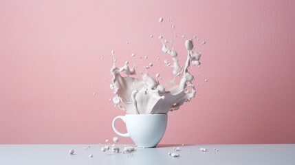  a splash of milk in a white cup on a white table against a pink background with drops of milk coming out of the cup.