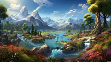 Obraz premium Fantastic mountain landscape with a river. Generative AI