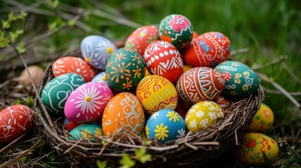 Fototapeta na wymiar A Basket of Colorful Easter Eggs Nestled on Lush Green Grass
