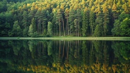  a forest filled with lots of green trees next to a body of water with lots of water in front of it.