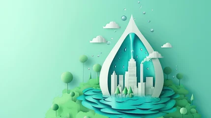Papier Peint photo Lavable Corail vert World Water Day, Save Water with a City Inside a Water Drop - A Fusion of Paper Illustration and 3D Art