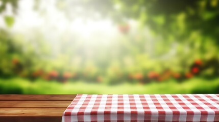 Picnic table with a checkered tablecloth for food and product display against a blurred green outdoor nature background - obrazy, fototapety, plakaty