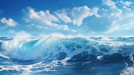 Powerful foamy sea waves rolling and splashing over the water's surface against a cloudy blue sky