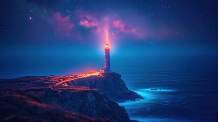Fototapeta premium a lighthouse on a rocky outcropping in the middle of the ocean under a night sky filled with stars.