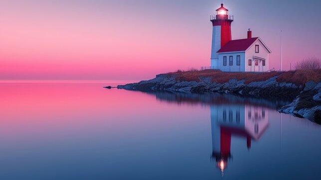  a red and white light house sitting on top of a cliff next to a body of water under a pink sky.