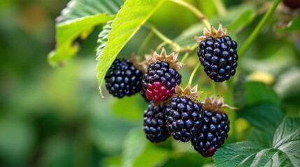  a bunch of blackberries growing on a bush with green leaves and a red berry on the end of the bush.