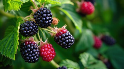  blackberries and raspberries growing on a bush with green leaves and red berries on the top of the bush.