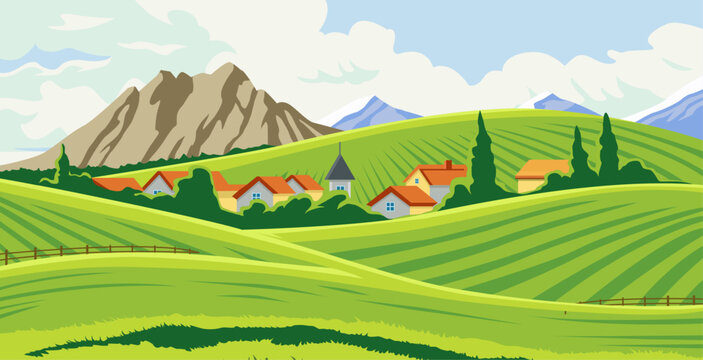 beautiful view of the plantation with the village, houses, trees and mountains in the background. vector design countryside