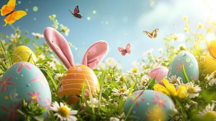 Obraz na płótnie Canvas Colorful Easter Eggs in a Sunny Spring Meadow