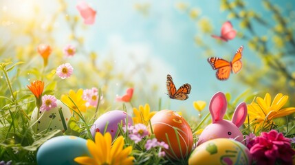 Obraz na płótnie Canvas Colorful Easter Eggs in a Sunny Spring Meadow