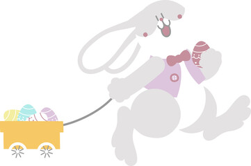 happy easter with bunny rabbit, cart and egg, flat png transparent cartoon character design