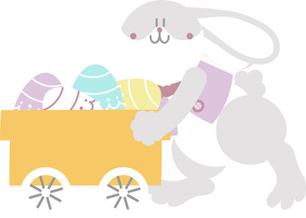 happy easter with bunny rabbit, cart and egg, flat png transparent cartoon character design