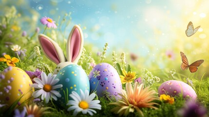 Fototapeta na wymiar Colorful Easter Eggs in a Sunny Spring Meadow