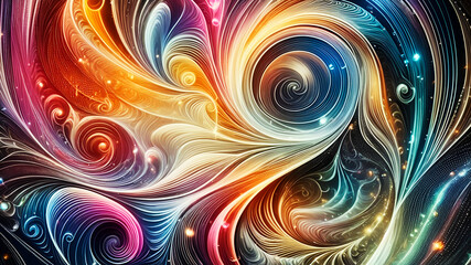 Abstract Texture Wallpaper and Background with Waves and Curves in Vivid Colors. Artistic Pattern Design, Romantic Hue, Elegant Gloss, Vibrant Sheen, Spiral, Twirl, fractal - obrazy, fototapety, plakaty