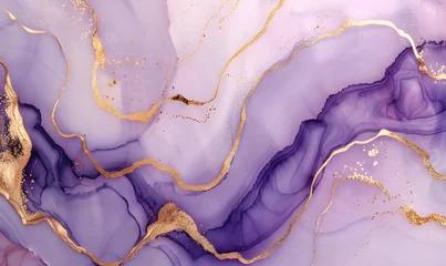 Zelfklevend Fotobehang Violet Lavender Watercolor Marble with Golden Lines Background,Generative AI © simba kim