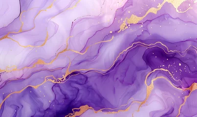 Zelfklevend Fotobehang Purper Violet Lavender Watercolor Marble with Golden Lines Background,Generative AI