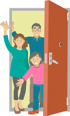 ドアを開けて歓迎する親子のイラスト