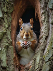 Naklejka na ściany i meble Squirrel holding a nut looking at the viewer from a hole in his tree