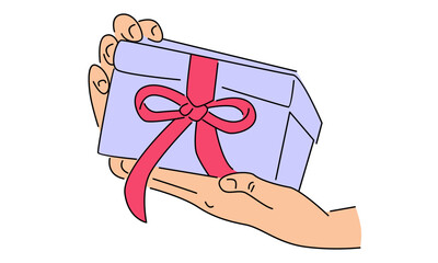 line art color of hand holding gift box vector illustration